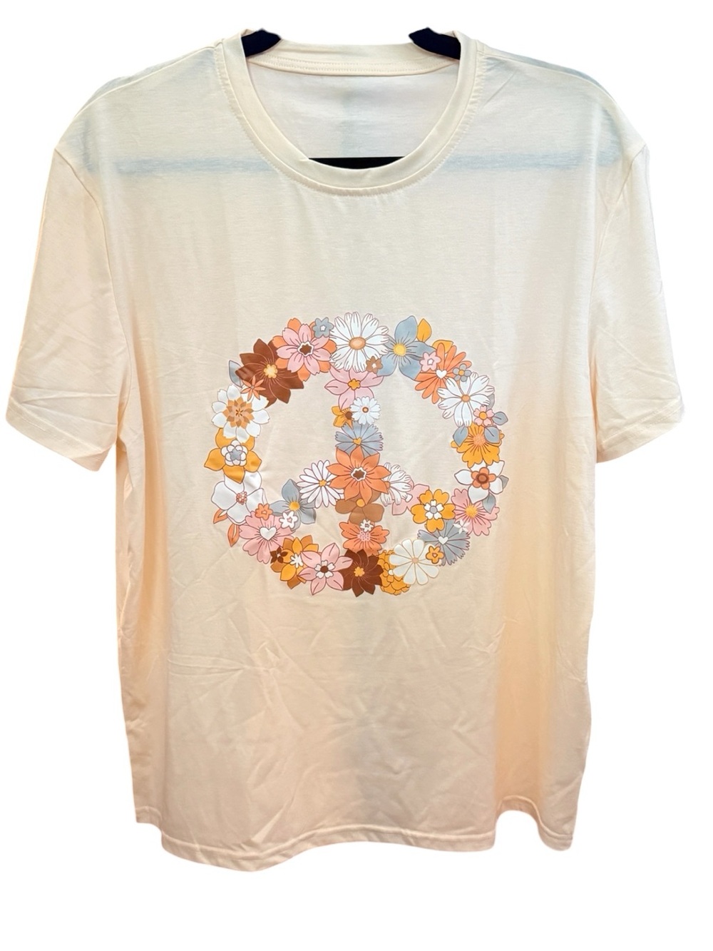 Unbranded Floral Peace Sign Graphic T-Shirt Light Yellow Size XL NWOT